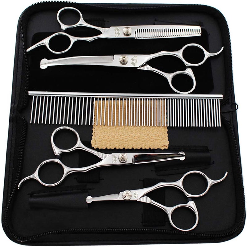 iSeaFly Dog Grooming Scissors Kit with Round Tip, 6 in 1 Cat Dog Scissors, Stainless Steel Pet Grooming Shears, Straight, Curved, Thinning Shears, Comb for Full Body, Face, Nose, Ear & Paw - Image 1